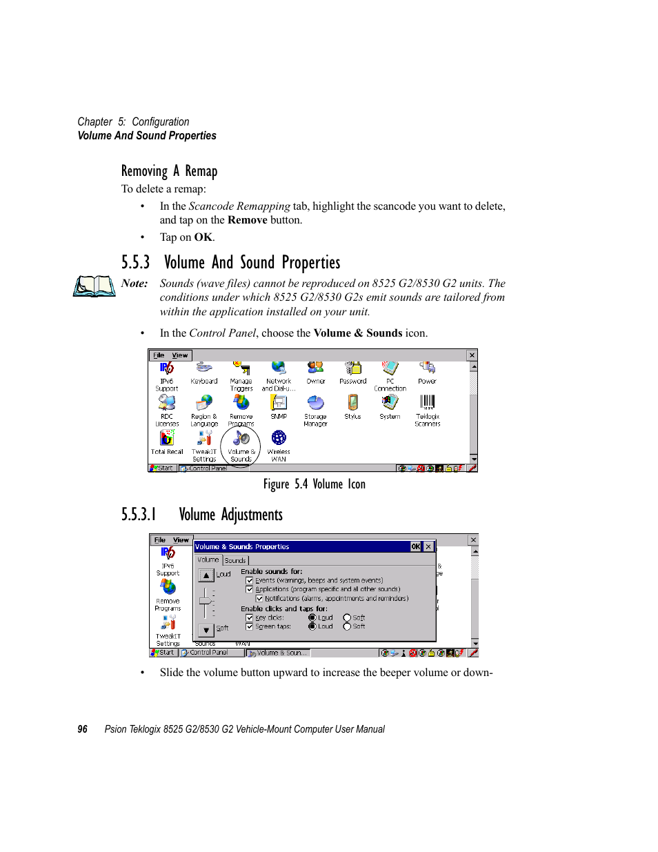 3 volume and sound properties, 1 volume adjustments, Removing a remap | Psion Teklogix Vehicle-Mount Computer 8525 G2 User Manual | Page 120 / 230