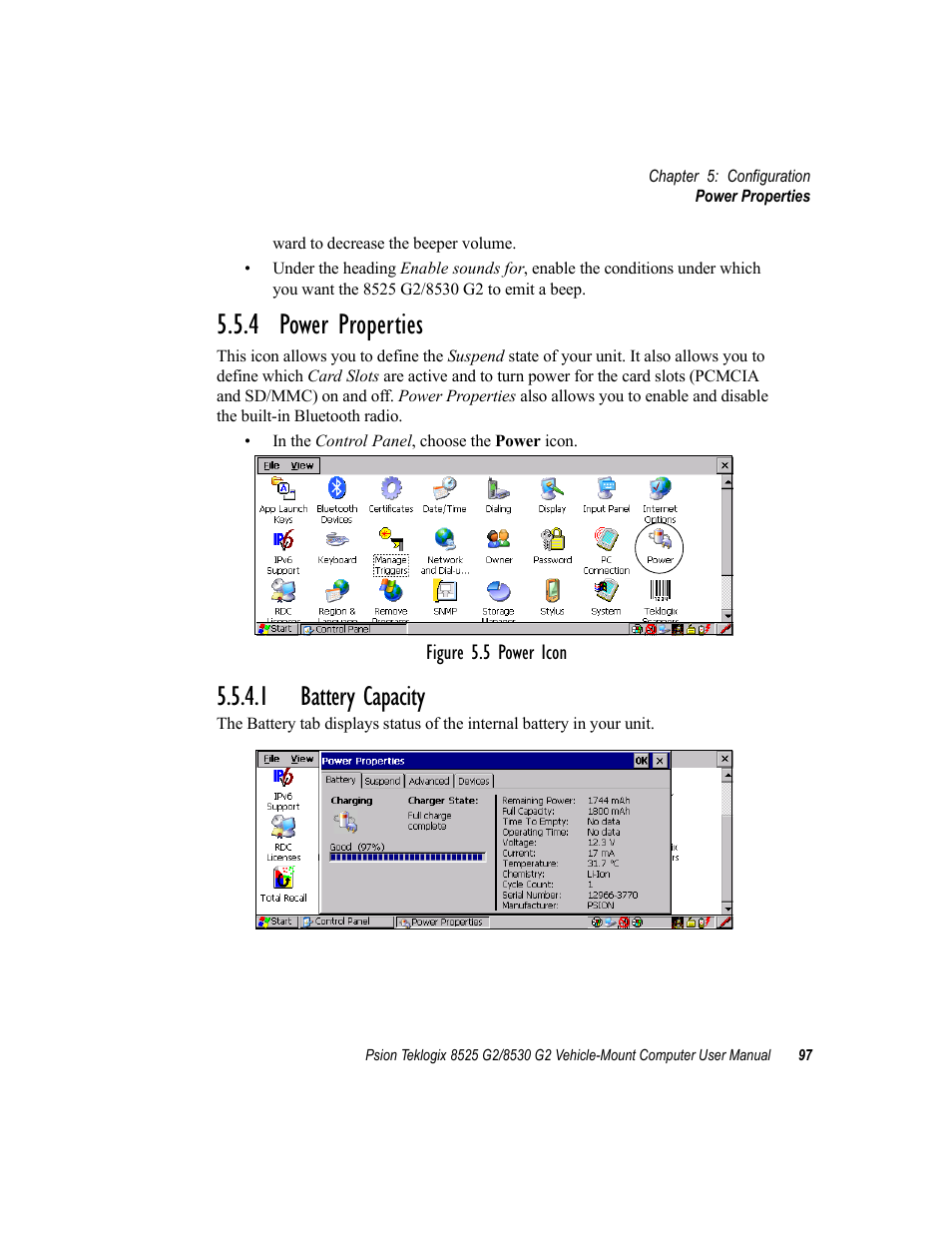 4 power properties, 1 battery capacity | Psion Teklogix Vehicle-Mount Computer 8525 G2 User Manual | Page 121 / 230