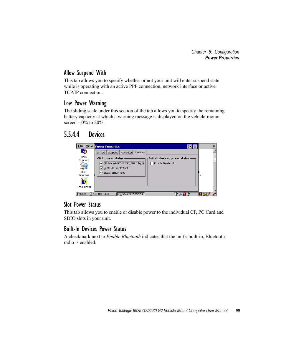 4 devices, Allow suspend with, Low power warning | Slot power status, Built-in devices power status | Psion Teklogix Vehicle-Mount Computer 8525 G2 User Manual | Page 123 / 230