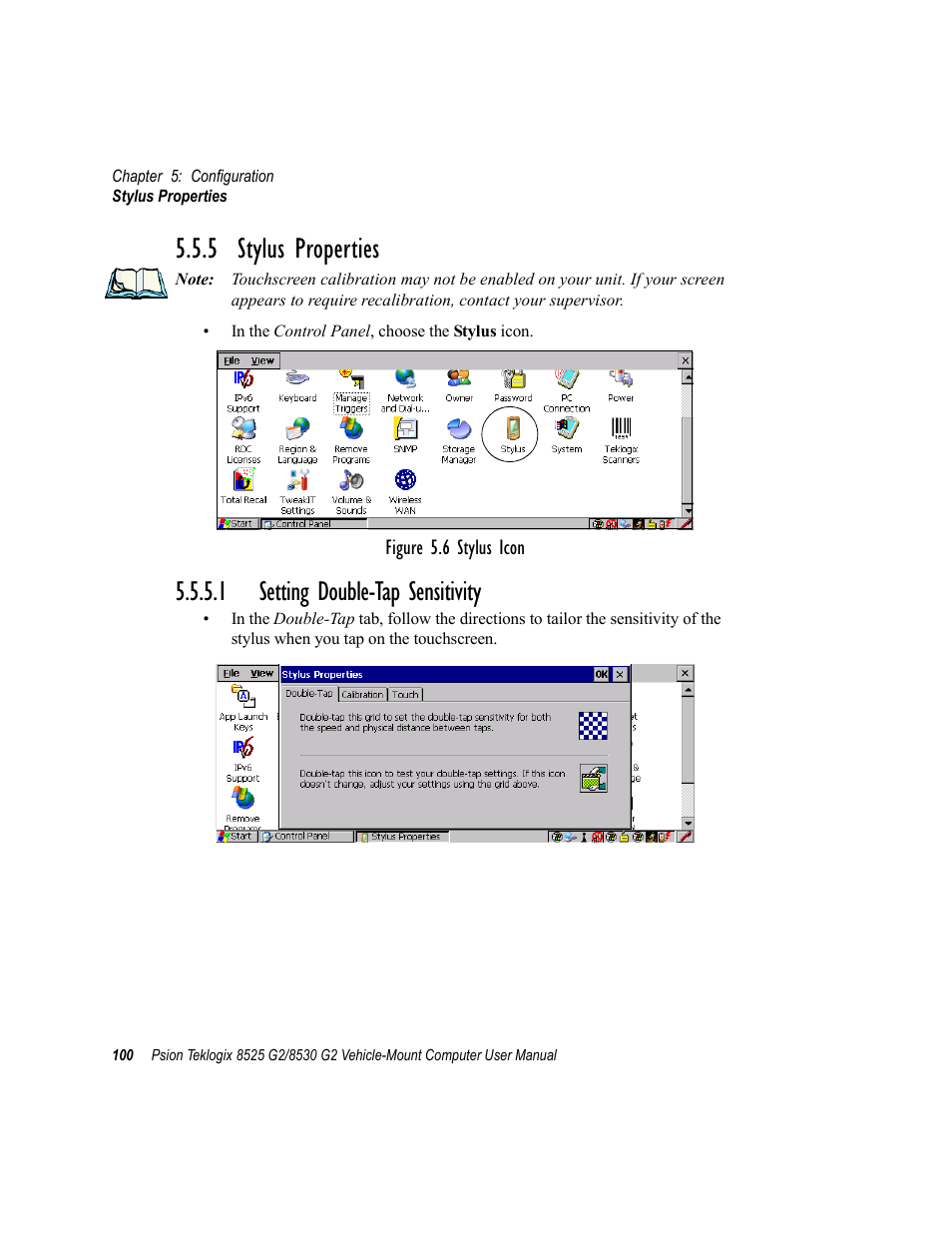 5 stylus properties, 1 setting double-tap sensitivity | Psion Teklogix Vehicle-Mount Computer 8525 G2 User Manual | Page 124 / 230
