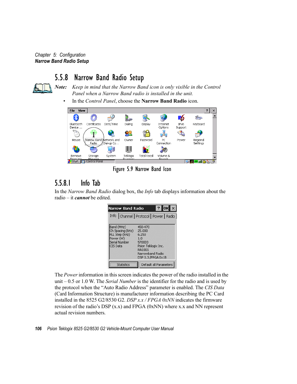 8 narrow band radio setup, 1 info tab | Psion Teklogix Vehicle-Mount Computer 8525 G2 User Manual | Page 130 / 230