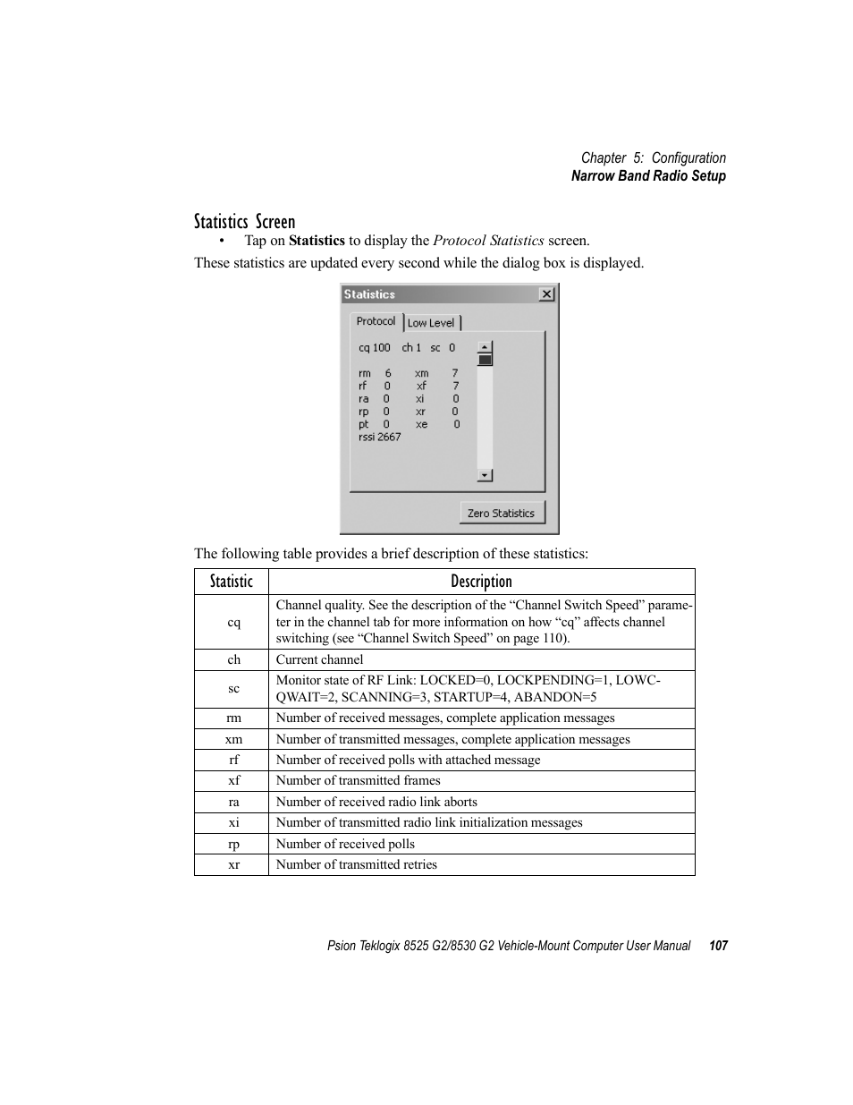 Statistics screen, Statistic description | Psion Teklogix Vehicle-Mount Computer 8525 G2 User Manual | Page 131 / 230