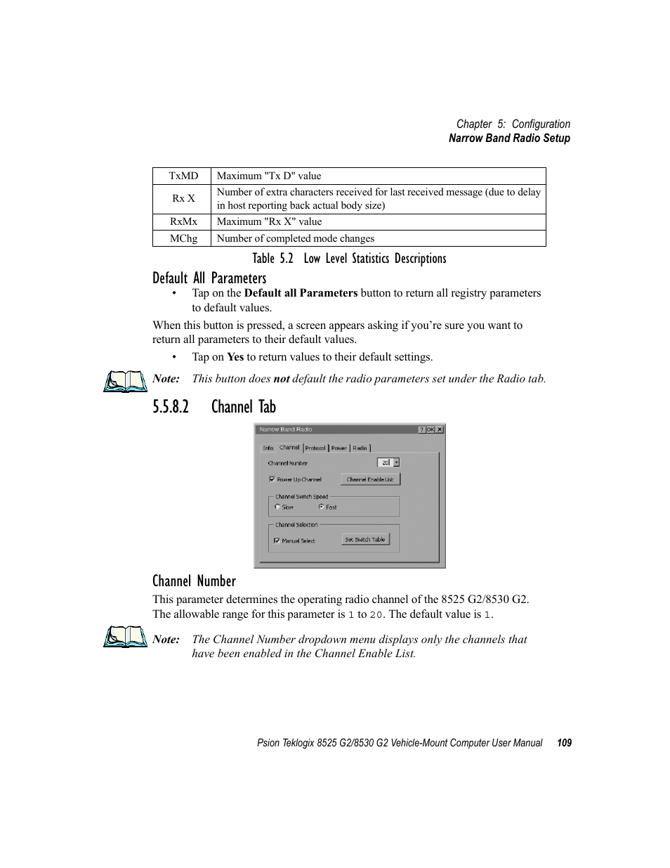 2 channel tab, Default all parameters, Channel number | Table 5.2 low level statistics descriptions | Psion Teklogix Vehicle-Mount Computer 8525 G2 User Manual | Page 133 / 230