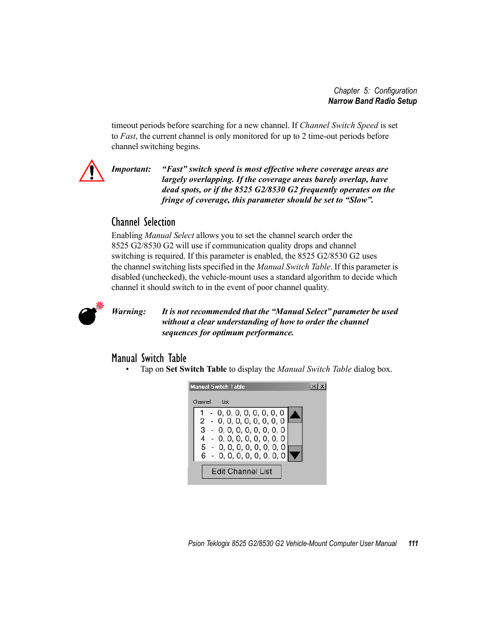 Channel selection, Manual switch table | Psion Teklogix Vehicle-Mount Computer 8525 G2 User Manual | Page 135 / 230
