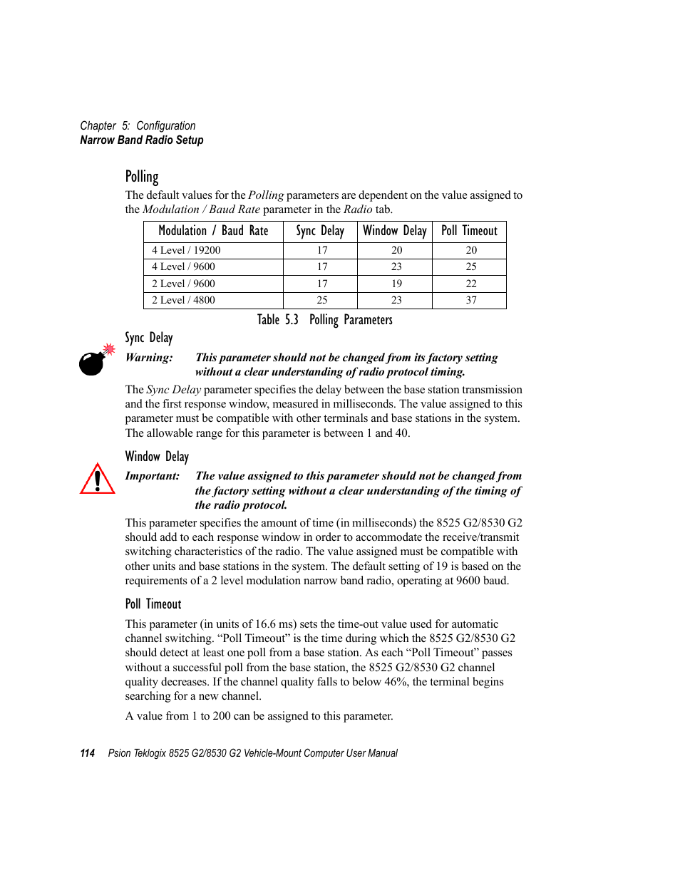 Polling, Table 5.3 polling parameters sync delay, Window delay | Poll timeout | Psion Teklogix Vehicle-Mount Computer 8525 G2 User Manual | Page 138 / 230