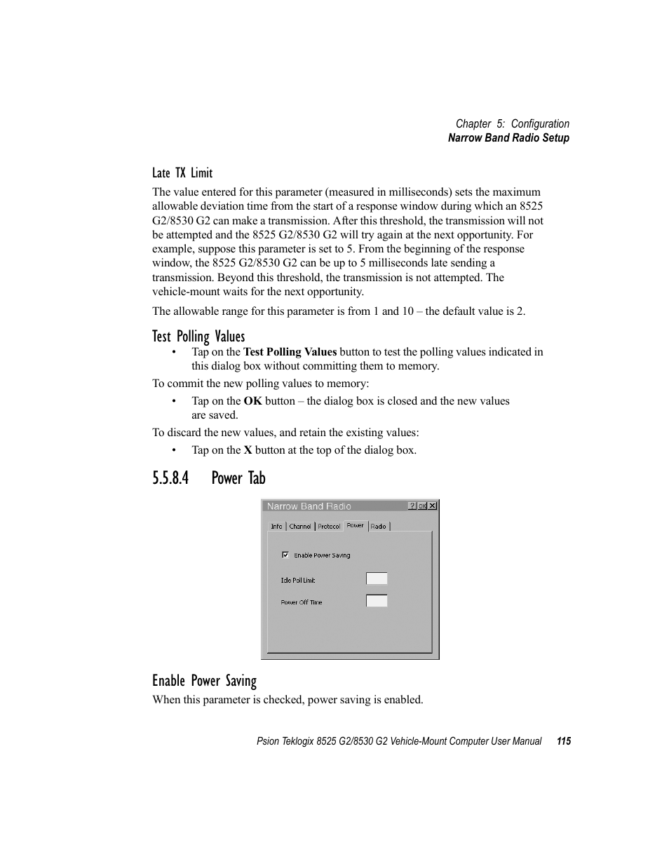 4 power tab, Test polling values, Enable power saving | Psion Teklogix Vehicle-Mount Computer 8525 G2 User Manual | Page 139 / 230