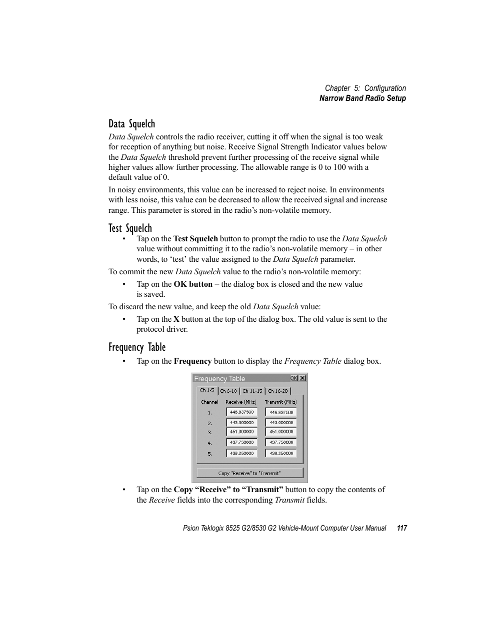 Data squelch, Test squelch, Frequency table | Psion Teklogix Vehicle-Mount Computer 8525 G2 User Manual | Page 141 / 230