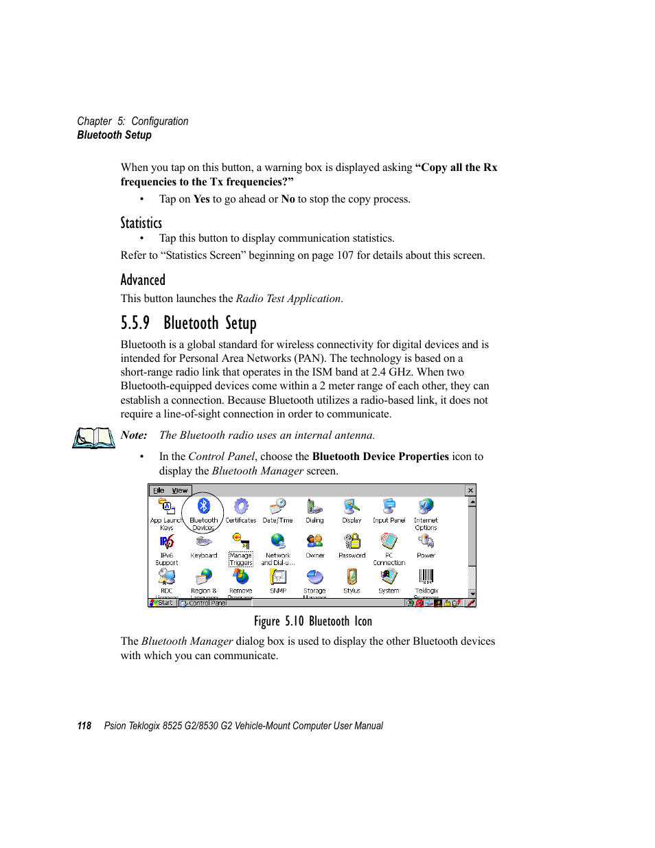 9 bluetooth setup, Statistics, Advanced | Psion Teklogix Vehicle-Mount Computer 8525 G2 User Manual | Page 142 / 230