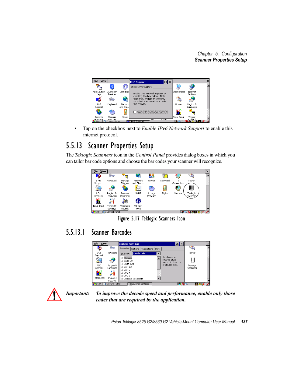 13 scanner properties setup, 1 scanner barcodes | Psion Teklogix Vehicle-Mount Computer 8525 G2 User Manual | Page 161 / 230