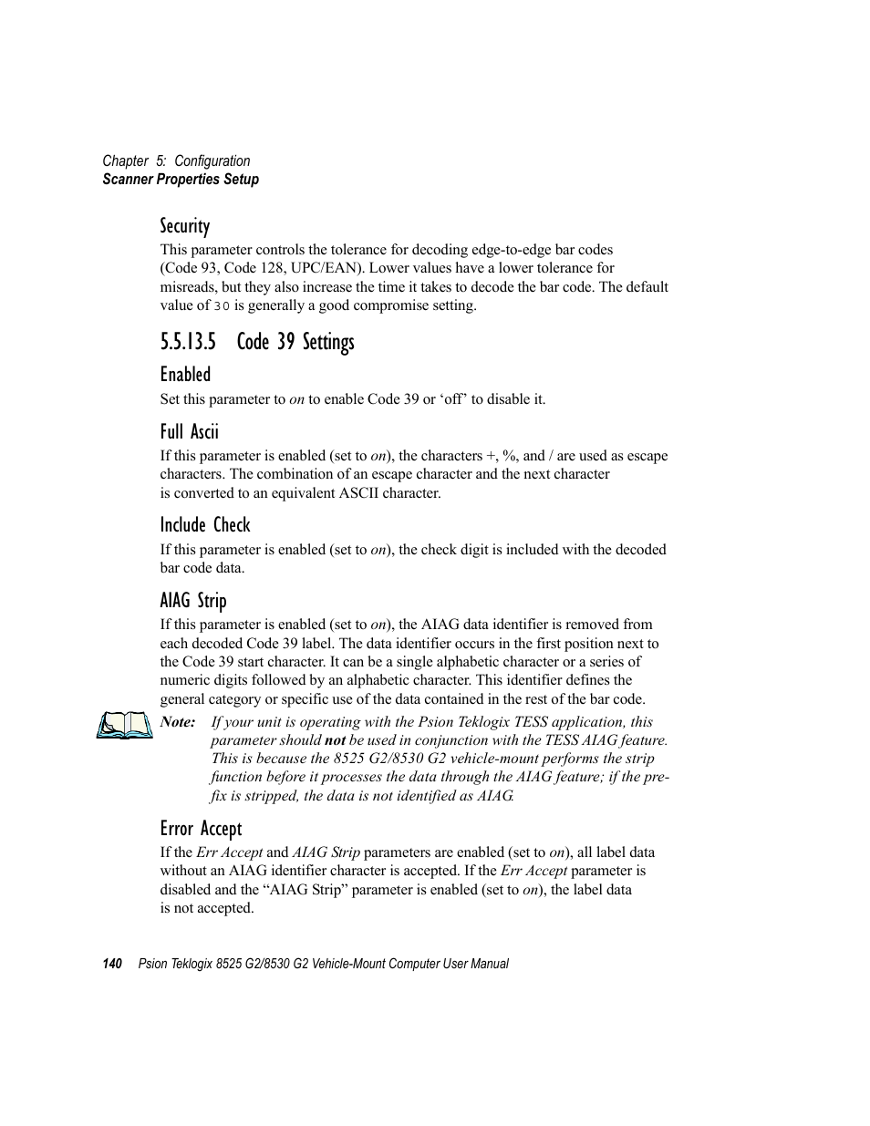 5 code 39 settings, Security, Enabled | Full ascii, Include check, Aiag strip, Error accept | Psion Teklogix Vehicle-Mount Computer 8525 G2 User Manual | Page 164 / 230