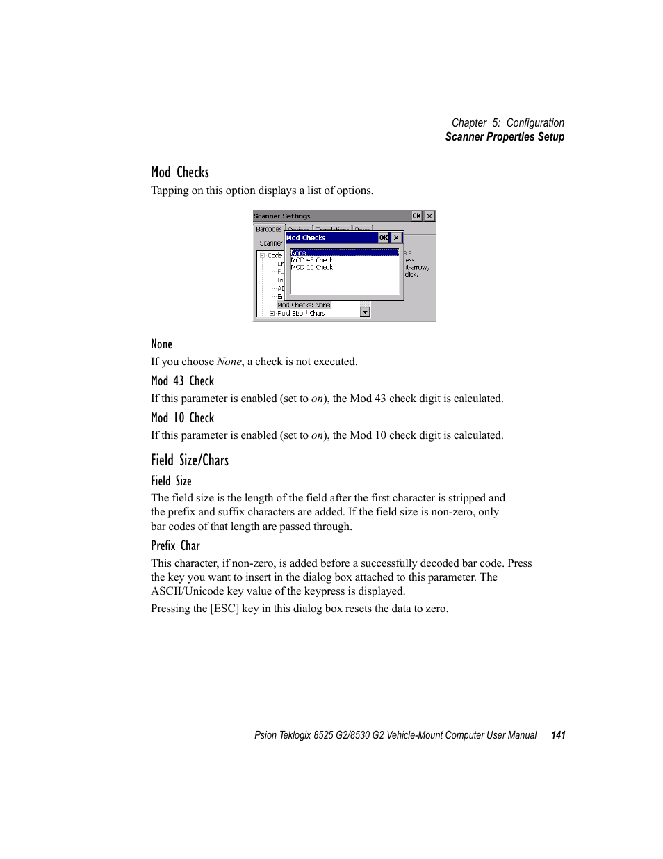 Mod checks, Field size/chars | Psion Teklogix Vehicle-Mount Computer 8525 G2 User Manual | Page 165 / 230