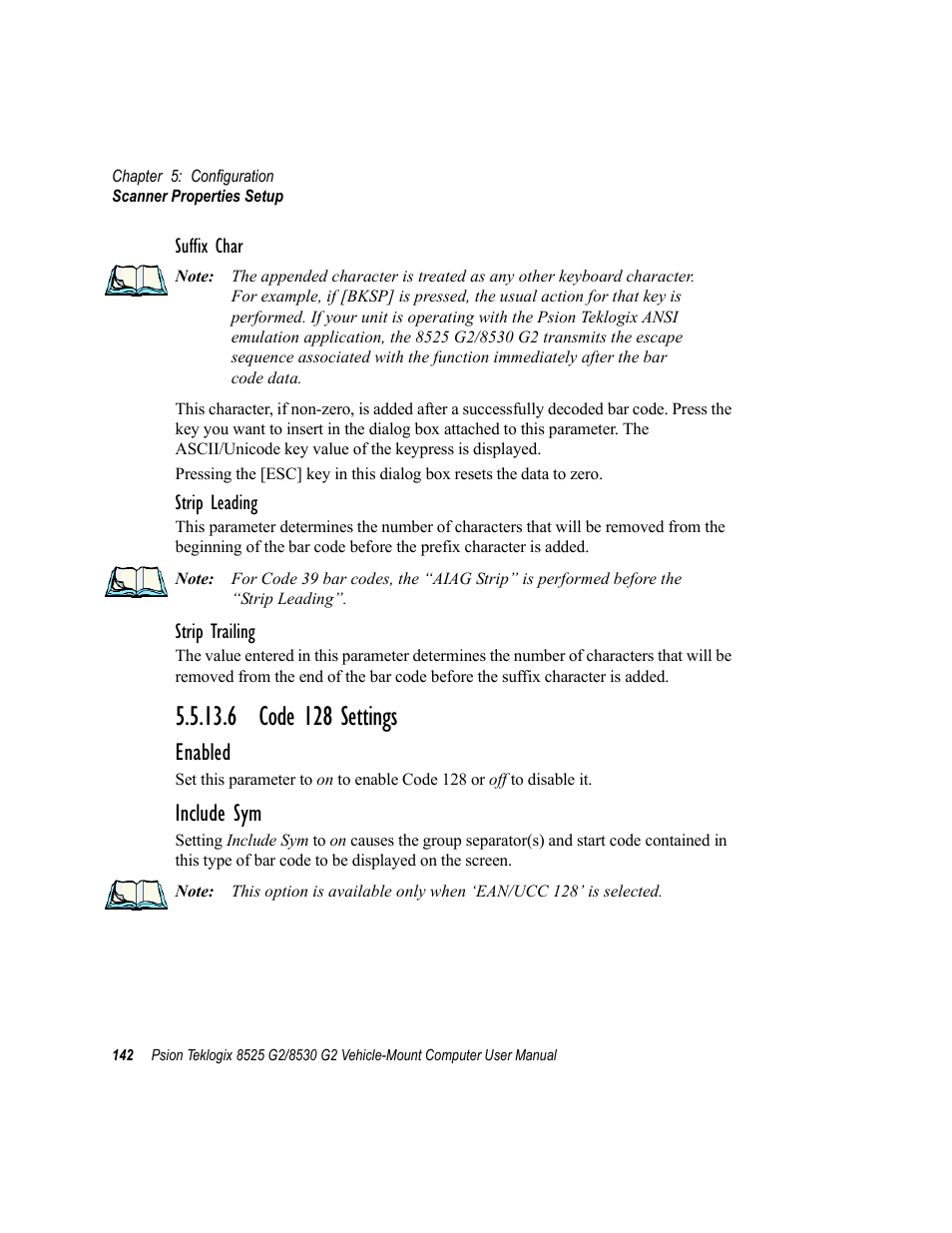 6 code 128 settings, Enabled, Include sym | Psion Teklogix Vehicle-Mount Computer 8525 G2 User Manual | Page 166 / 230