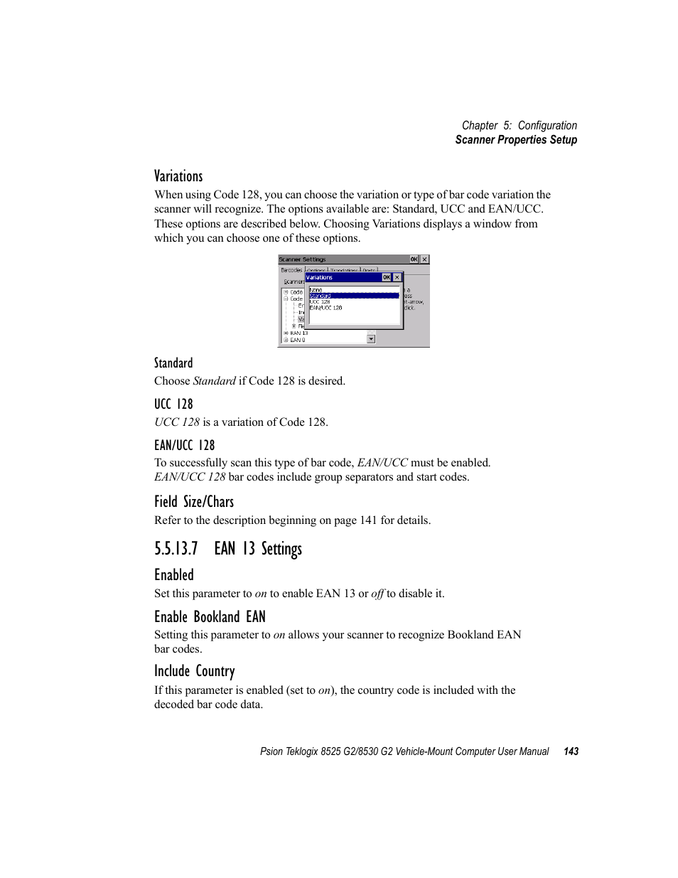 7 ean 13 settings, Variations, Field size/chars | Enabled, Enable bookland ean, Include country | Psion Teklogix Vehicle-Mount Computer 8525 G2 User Manual | Page 167 / 230