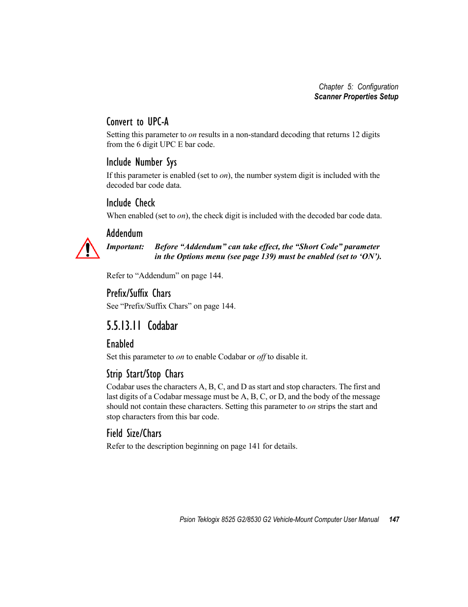 11 codabar, Convert to upc-a, Include number sys | Include check, Addendum, Prefix/suffix chars, Enabled, Strip start/stop chars, Field size/chars | Psion Teklogix Vehicle-Mount Computer 8525 G2 User Manual | Page 171 / 230