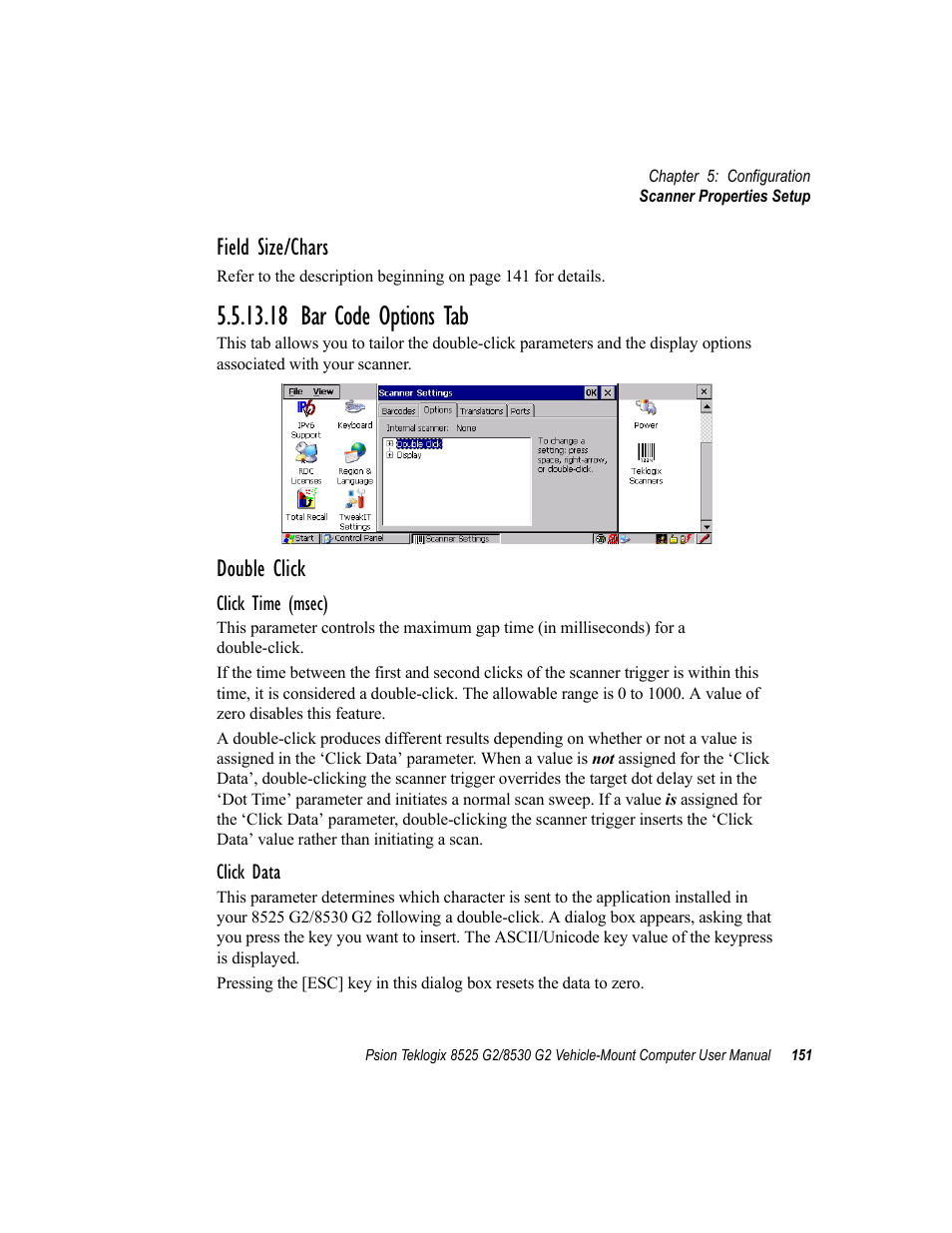 18 bar code options tab, Field size/chars, Double click | Psion Teklogix Vehicle-Mount Computer 8525 G2 User Manual | Page 175 / 230