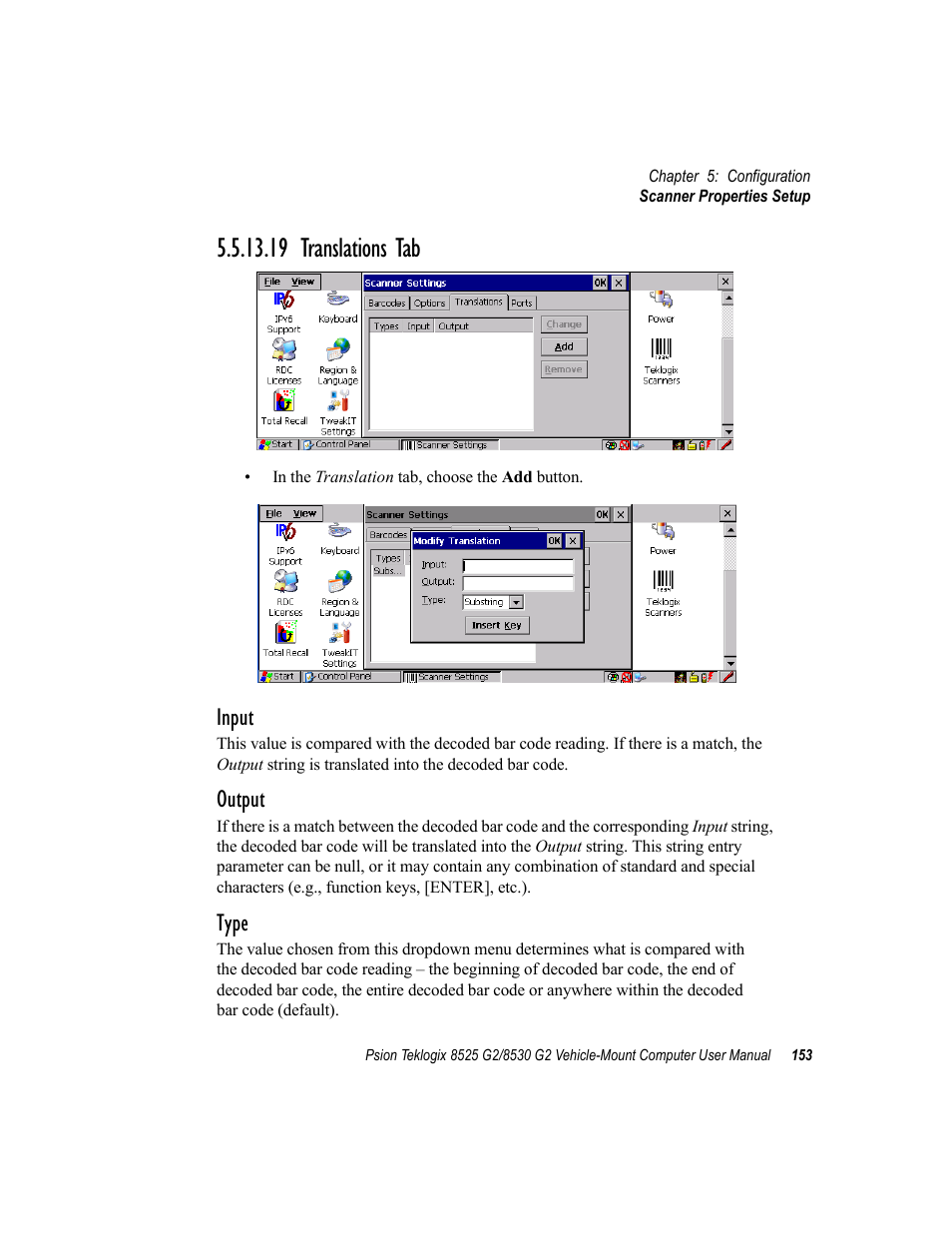 19 translations tab, Input, Output | Type | Psion Teklogix Vehicle-Mount Computer 8525 G2 User Manual | Page 177 / 230