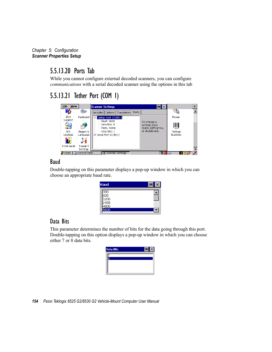 20 ports tab, 21 tether port (com 1), 20 ports tab 5.5.13.21 tether port (com 1) | Baud, Data bits | Psion Teklogix Vehicle-Mount Computer 8525 G2 User Manual | Page 178 / 230