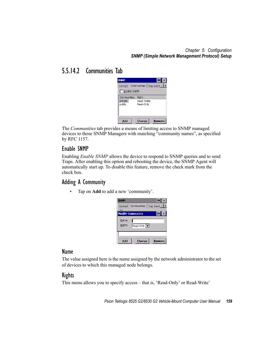2 communities tab, Enable snmp, Adding a community | Name, Rights | Psion Teklogix Vehicle-Mount Computer 8525 G2 User Manual | Page 183 / 230