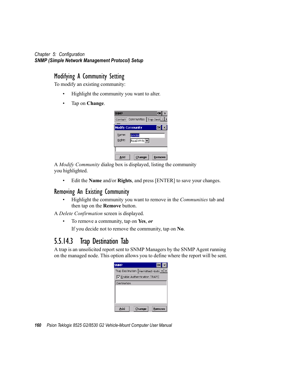 3 trap destination tab, Modifying a community setting, Removing an existing community | Psion Teklogix Vehicle-Mount Computer 8525 G2 User Manual | Page 184 / 230