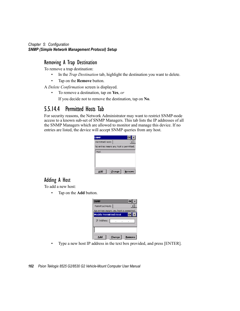4 permitted hosts tab, Removing a trap destination, Adding a host | Psion Teklogix Vehicle-Mount Computer 8525 G2 User Manual | Page 186 / 230