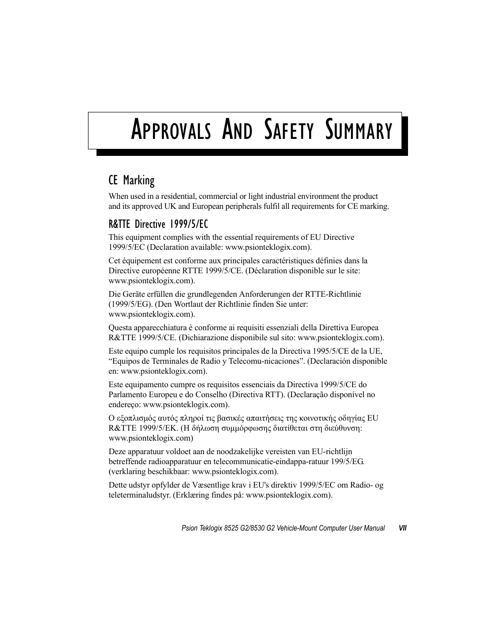 Approvals and safety summary, Pprovals, Afety | Ummary | Psion Teklogix Vehicle-Mount Computer 8525 G2 User Manual | Page 19 / 230