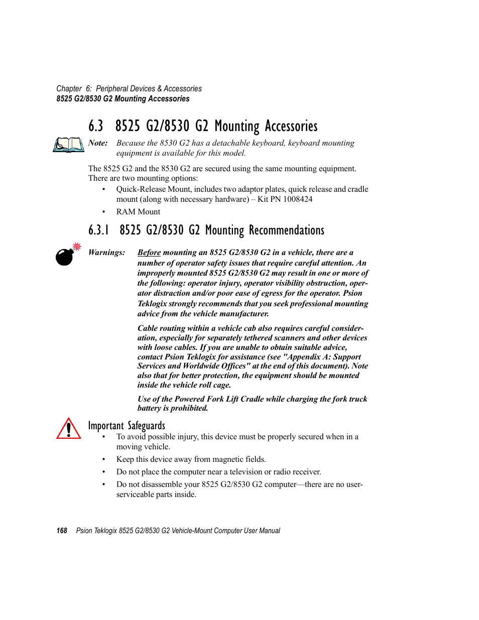 3 8525 g2/8530 g2 mounting accessories, 1 8525 g2/8530 g2 mounting recommendations, Important safeguards | Psion Teklogix Vehicle-Mount Computer 8525 G2 User Manual | Page 192 / 230