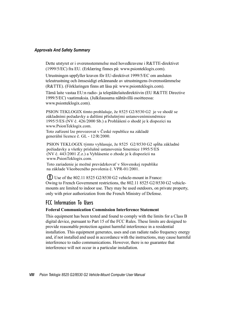 Fcc information to users | Psion Teklogix Vehicle-Mount Computer 8525 G2 User Manual | Page 20 / 230