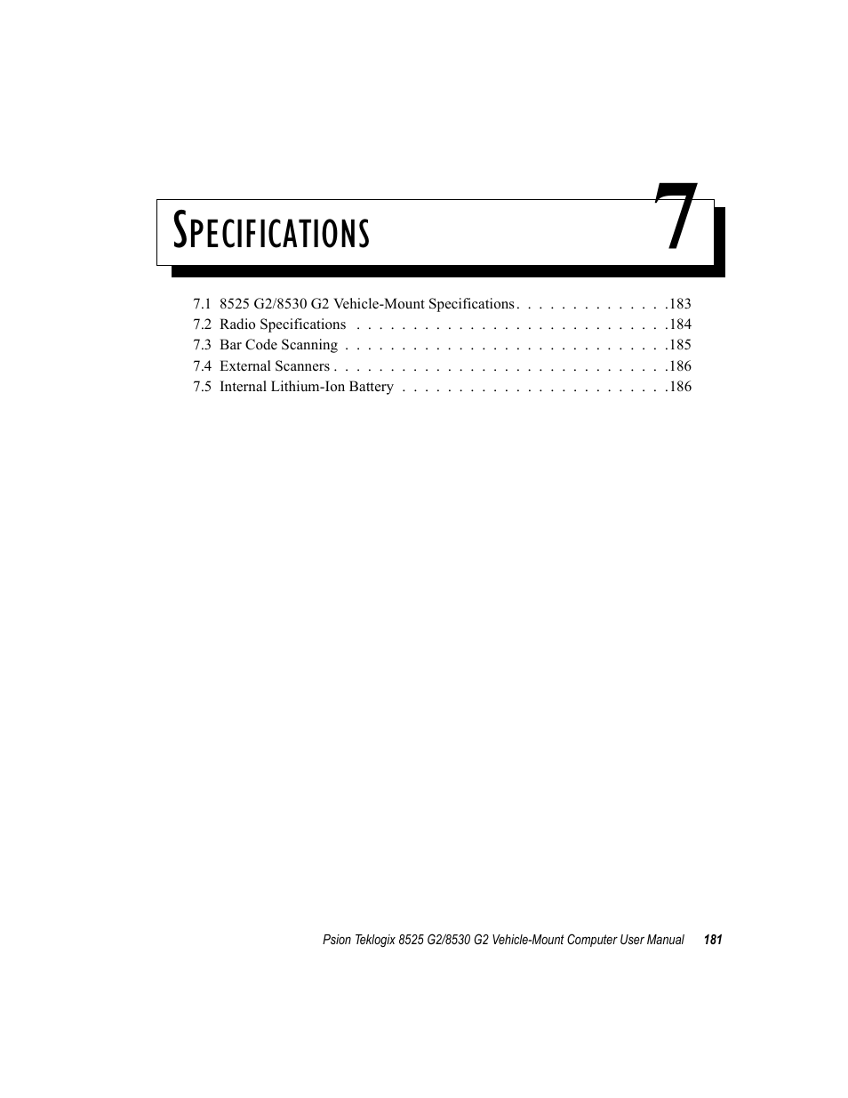 Specifications 7, Chapter 7: specifications | Psion Teklogix Vehicle-Mount Computer 8525 G2 User Manual | Page 205 / 230