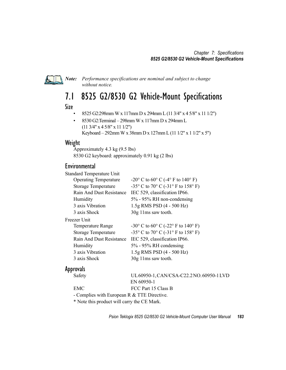 1 8525 g2/8530 g2 vehicle-mount specifications, Size, Weight | Environmental, Approvals | Psion Teklogix Vehicle-Mount Computer 8525 G2 User Manual | Page 207 / 230