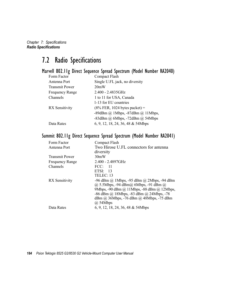 2 radio specifications | Psion Teklogix Vehicle-Mount Computer 8525 G2 User Manual | Page 208 / 230