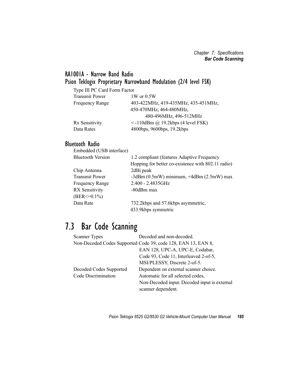 3 bar code scanning, Bluetooth radio | Psion Teklogix Vehicle-Mount Computer 8525 G2 User Manual | Page 209 / 230