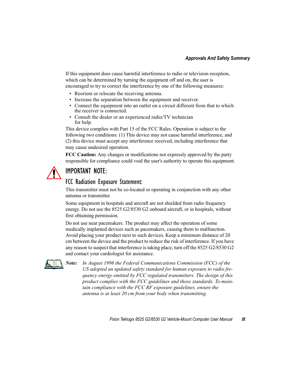 Fcc radiation exposure statement | Psion Teklogix Vehicle-Mount Computer 8525 G2 User Manual | Page 21 / 230