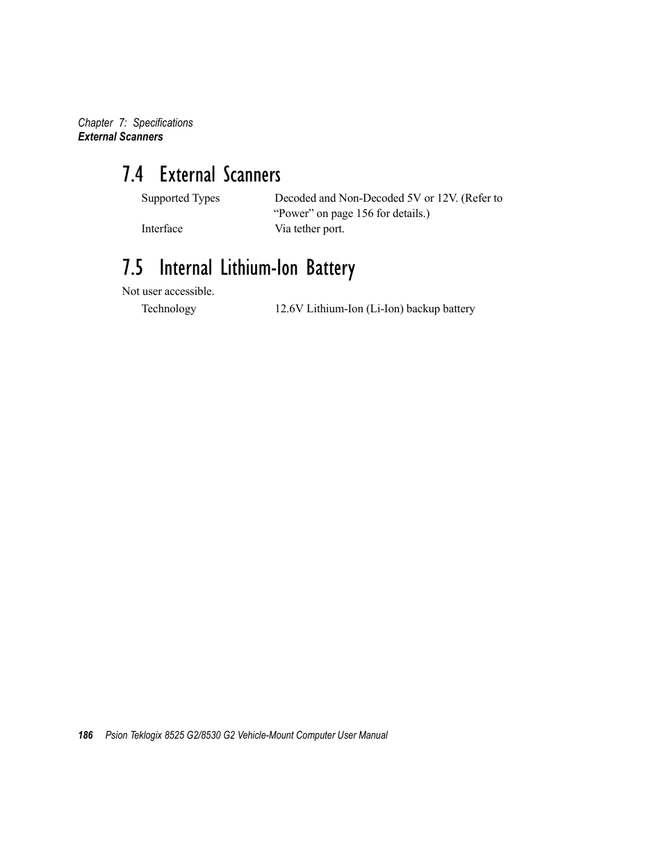 4 external scanners, 5 internal lithium-ion battery | Psion Teklogix Vehicle-Mount Computer 8525 G2 User Manual | Page 210 / 230