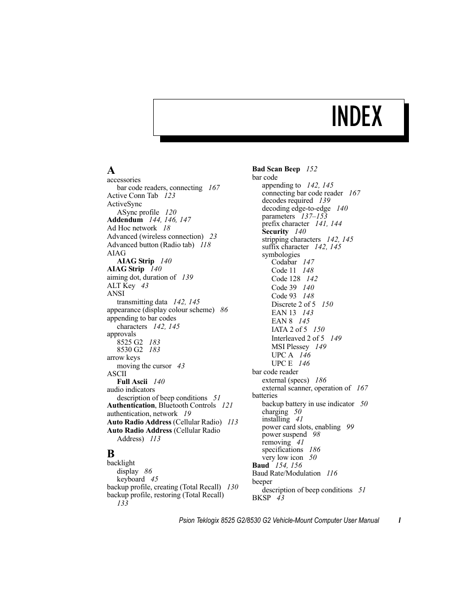 Index | Psion Teklogix Vehicle-Mount Computer 8525 G2 User Manual | Page 223 / 230