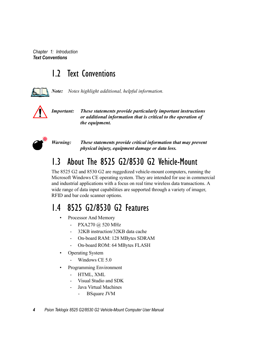 2 text conventions, 3 about the 8525 g2/8530 g2 vehicle-mount, 4 8525 g2/8530 g2 features | Psion Teklogix Vehicle-Mount Computer 8525 G2 User Manual | Page 28 / 230
