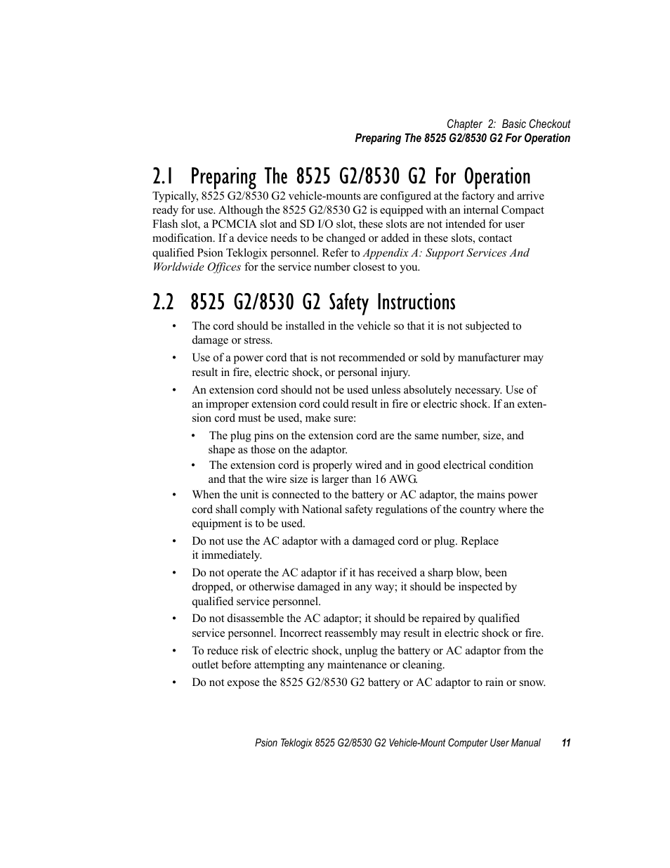 1 preparing the 8525 g2/8530 g2 for operation, 2 8525 g2/8530 g2 safety instructions | Psion Teklogix Vehicle-Mount Computer 8525 G2 User Manual | Page 35 / 230