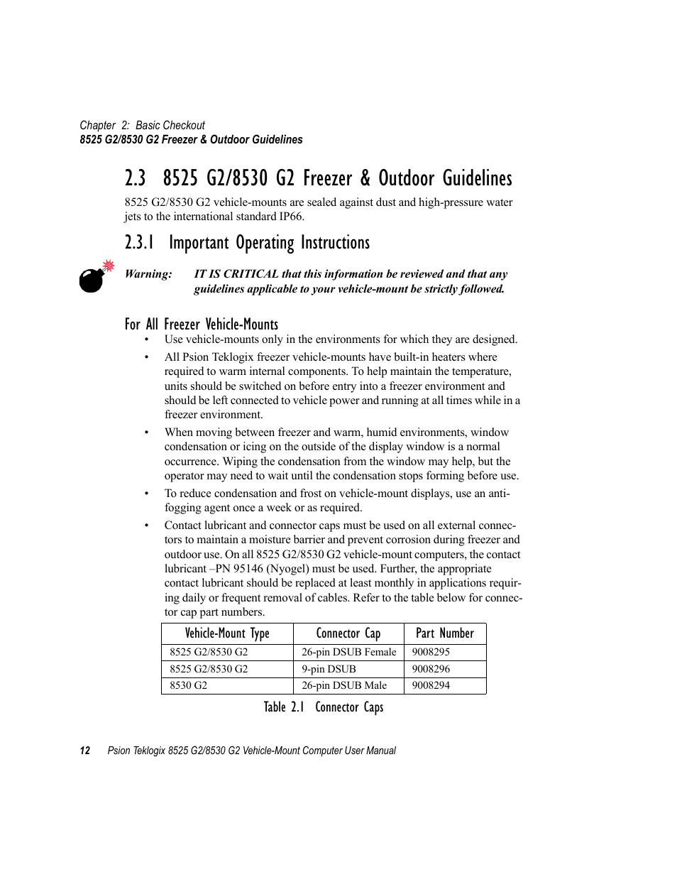 3 8525 g2/8530 g2 freezer & outdoor guidelines, 1 important operating instructions, For all freezer vehicle-mounts | Psion Teklogix Vehicle-Mount Computer 8525 G2 User Manual | Page 36 / 230