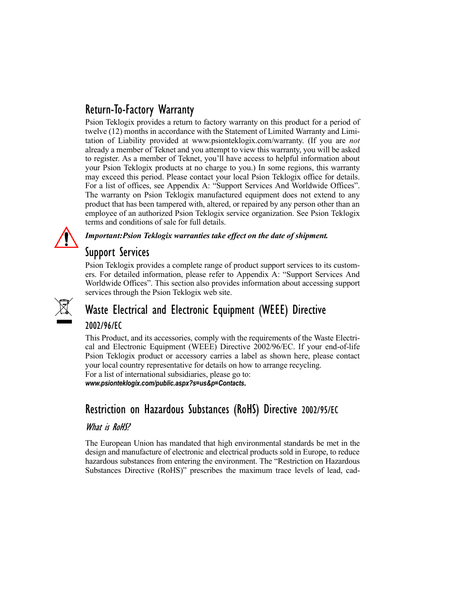 Return-to-factory warranty, Support services | Psion Teklogix Vehicle-Mount Computer 8525 G2 User Manual | Page 4 / 230