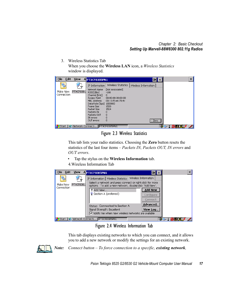 Figure 2.3 wireless statistics, Figure 2.4 wireless information tab | Psion Teklogix Vehicle-Mount Computer 8525 G2 User Manual | Page 41 / 230