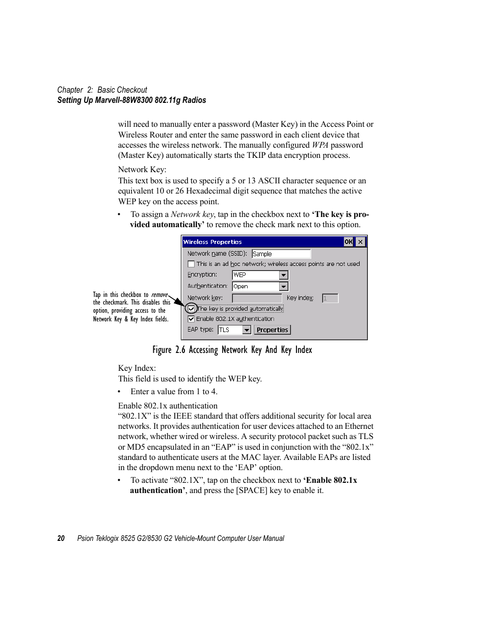 Figure 2.6 accessing network key and key index | Psion Teklogix Vehicle-Mount Computer 8525 G2 User Manual | Page 44 / 230