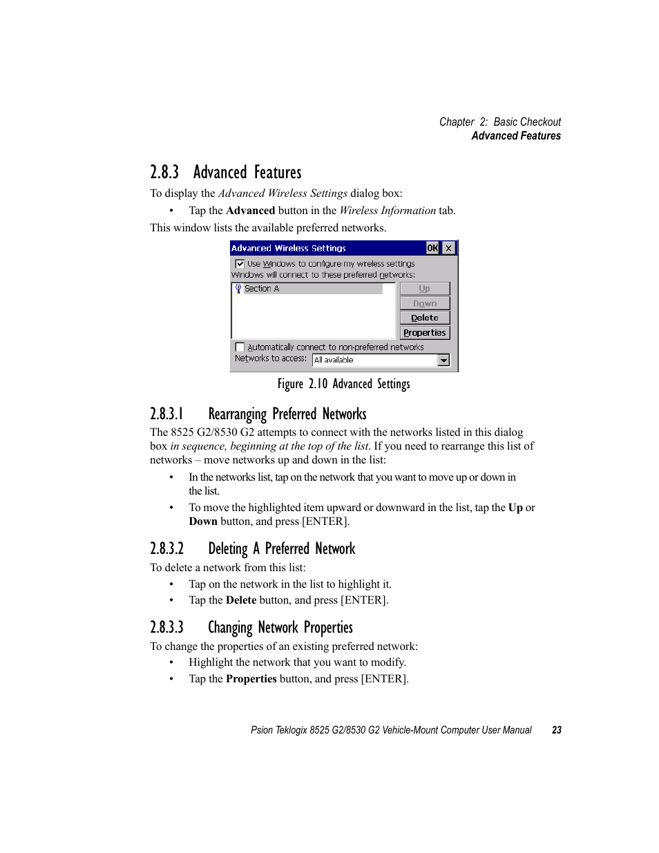 3 advanced features, 1 rearranging preferred networks, 2 deleting a preferred network | 3 changing network properties | Psion Teklogix Vehicle-Mount Computer 8525 G2 User Manual | Page 47 / 230
