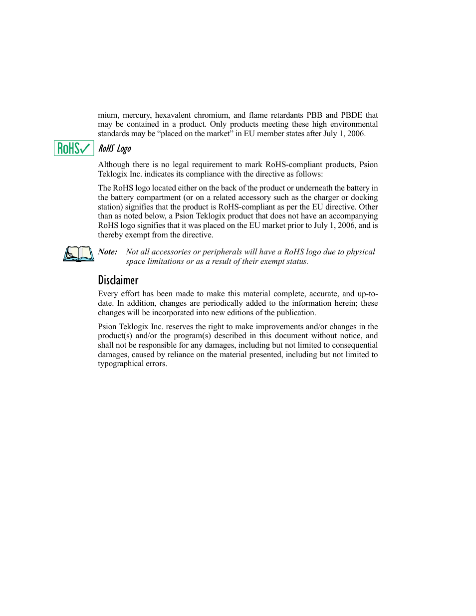 Disclaimer, Rohs logo | Psion Teklogix Vehicle-Mount Computer 8525 G2 User Manual | Page 5 / 230