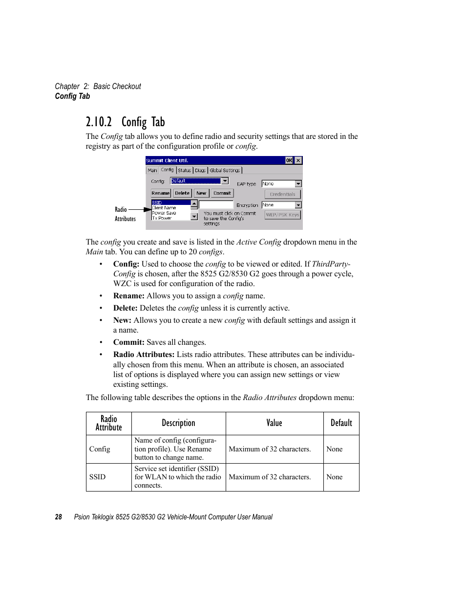 2 config tab, O “config tab” b, Radio attribute description value default | Psion Teklogix Vehicle-Mount Computer 8525 G2 User Manual | Page 52 / 230