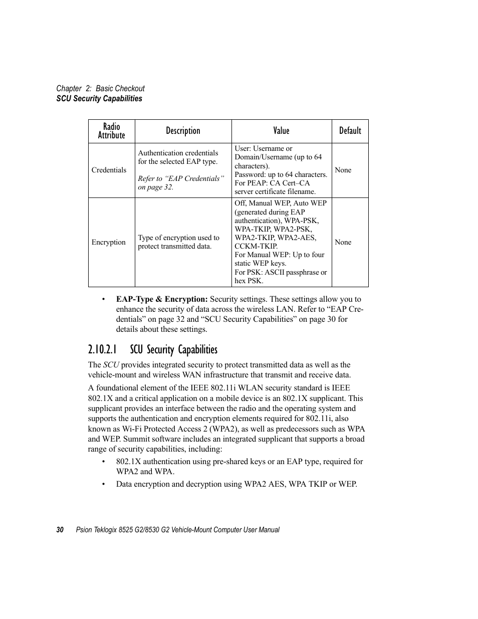 1 scu security capabilities, Radio attribute description value default | Psion Teklogix Vehicle-Mount Computer 8525 G2 User Manual | Page 54 / 230