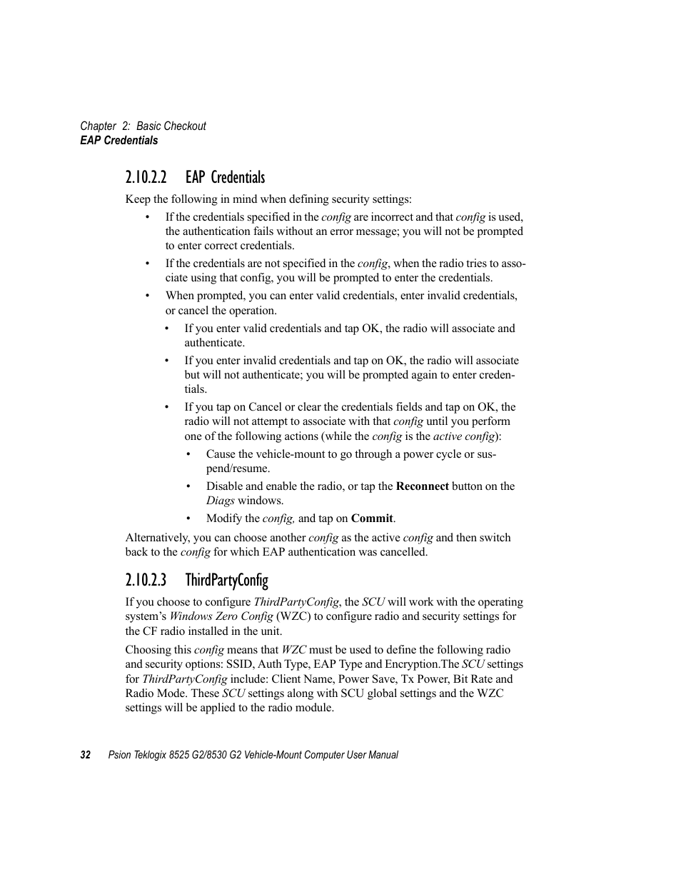 2 eap credentials, 3 thirdpartyconfig, 2 eap credentials 2.10.2.3 thirdpartyconfig | Eap credentials | Psion Teklogix Vehicle-Mount Computer 8525 G2 User Manual | Page 56 / 230