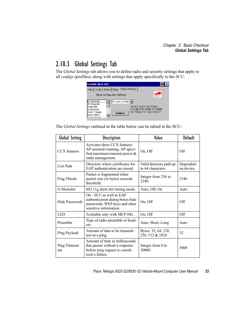3 global settings tab, Global setting description value default | Psion Teklogix Vehicle-Mount Computer 8525 G2 User Manual | Page 57 / 230