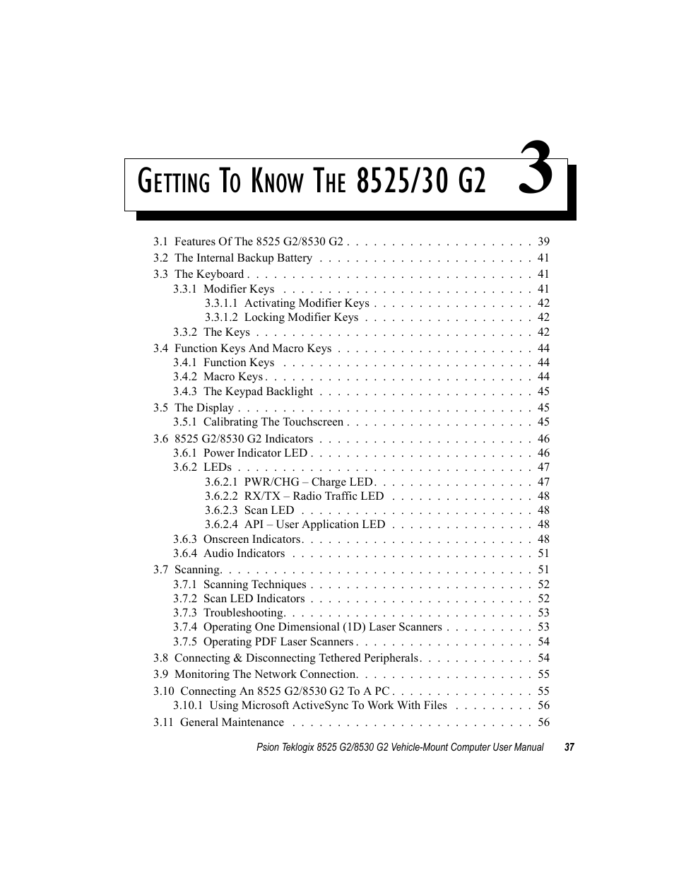 Getting to know the 8525/30 g2 3, Chapter 3: getting to know the 8525/30 g2, Etting | Psion Teklogix Vehicle-Mount Computer 8525 G2 User Manual | Page 61 / 230