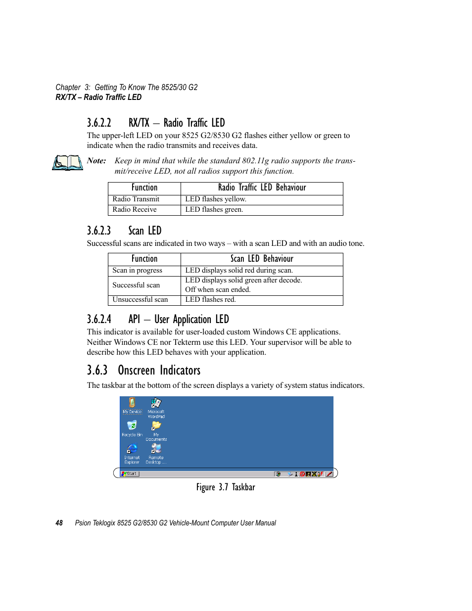 2 rx/tx - radio traffic led, 3 scan led, 4 api - user application led | 3 onscreen indicators, 2 rx/tx – radio traffic led, 4 api – user application led | Psion Teklogix Vehicle-Mount Computer 8525 G2 User Manual | Page 72 / 230