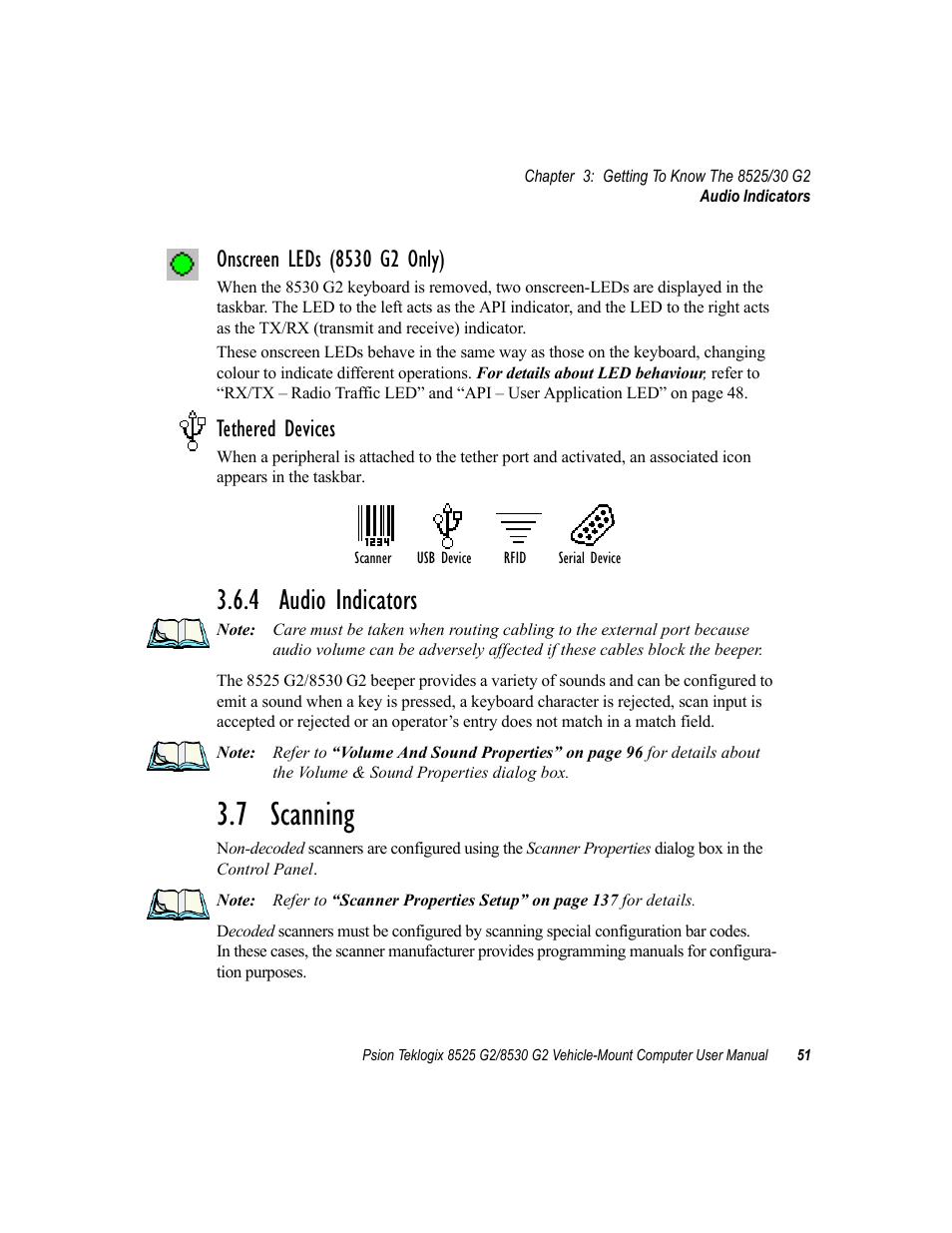 4 audio indicators, 7 scanning, Tethered devices | Psion Teklogix Vehicle-Mount Computer 8525 G2 User Manual | Page 75 / 230