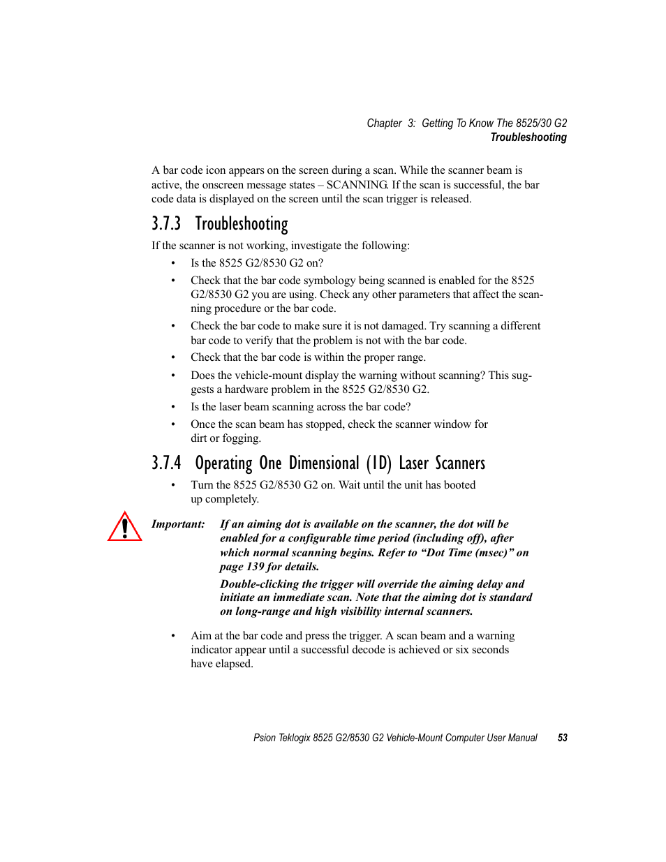 3 troubleshooting, 4 operating one dimensional (1d) laser scanners | Psion Teklogix Vehicle-Mount Computer 8525 G2 User Manual | Page 77 / 230
